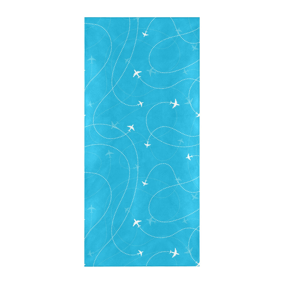 Airplane destinations blue background Beach Towel