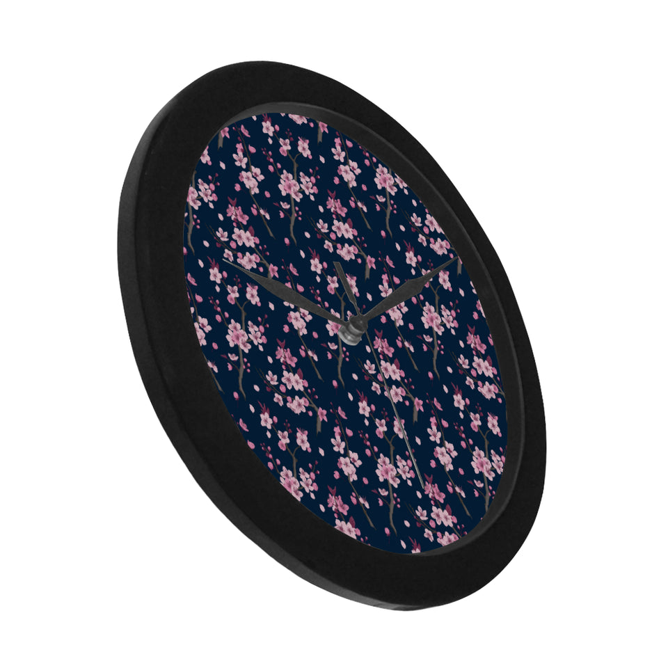 Pink sakura cherry blossom blue background Elegant Black Wall Clock