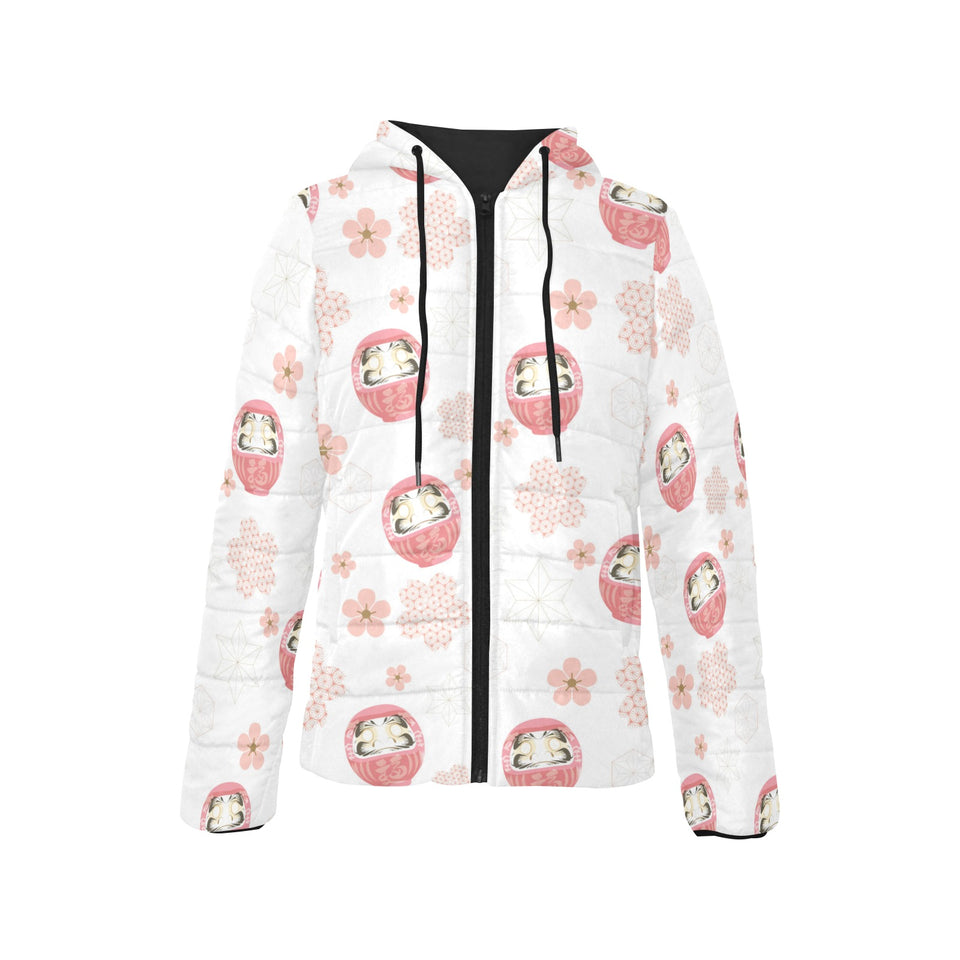 Daruma japanese wooden doll cherry blossom flower Women's Padded Hooded Jacket