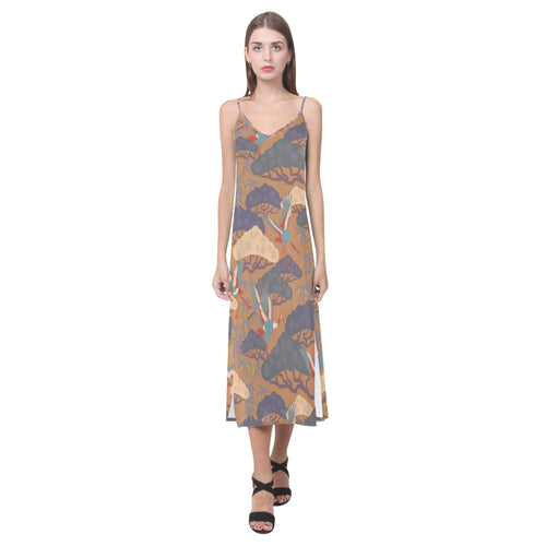 Bonsai bamboo stork japanese pattern brown theme V-Neck Open Fork Long Dress