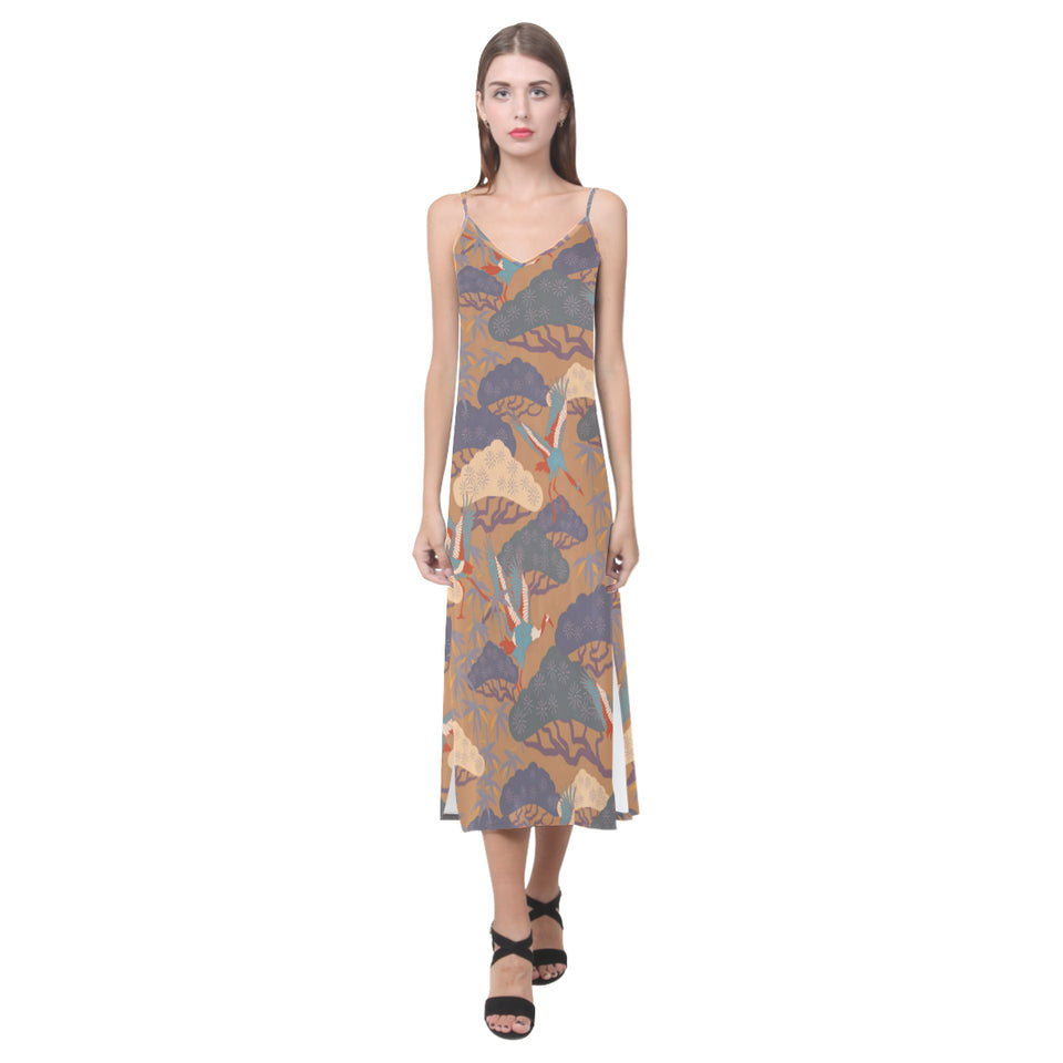 Bonsai bamboo stork japanese pattern brown theme V-Neck Open Fork Long Dress