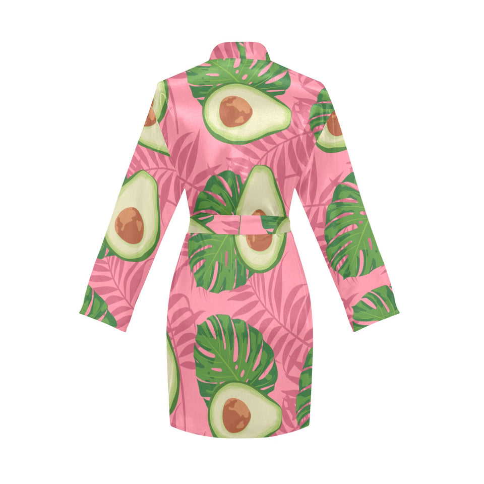 Avocado slices leaves pink back ground Women's Long Sleeve Belted Night Robe