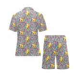 Cute yellow monkey leaves pattern Men's V-Neck Short Pajama Set