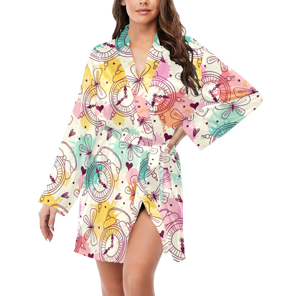 Clock butterfly pattern Women's Long Sleeve Belted Night Robe