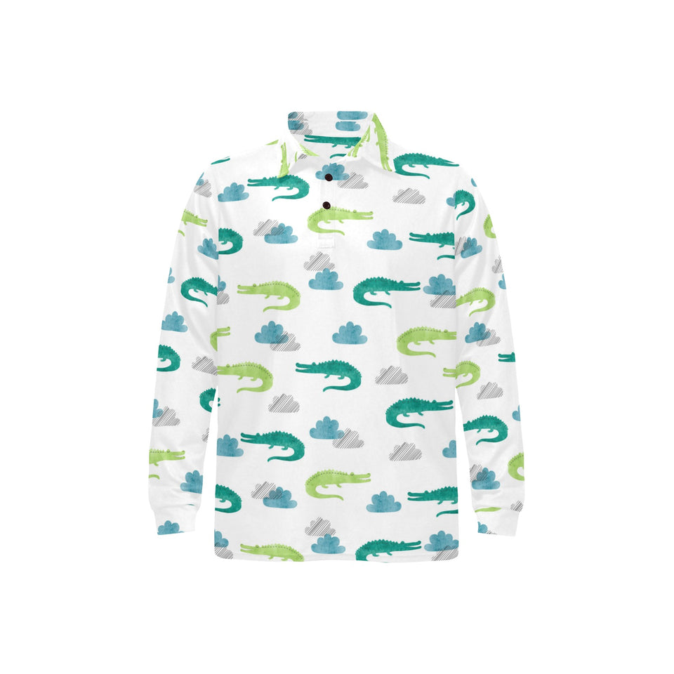 watercolor crocodile pattern Men's Long Sleeve Polo Shirt