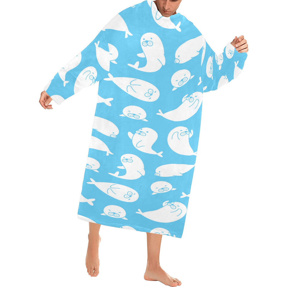 Cute white sea lion seals pattern Blanket Robe with Sleeves