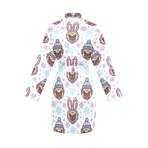 Cute pug hat rabbit costume pattern Women's Long Sleeve Belted Night Robe