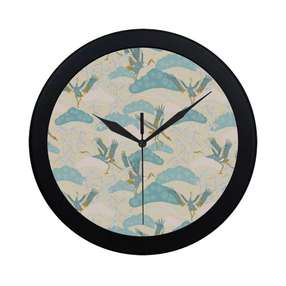 Bonsai bamboo stork japanese pattern cream theme Elegant Black Wall Clock