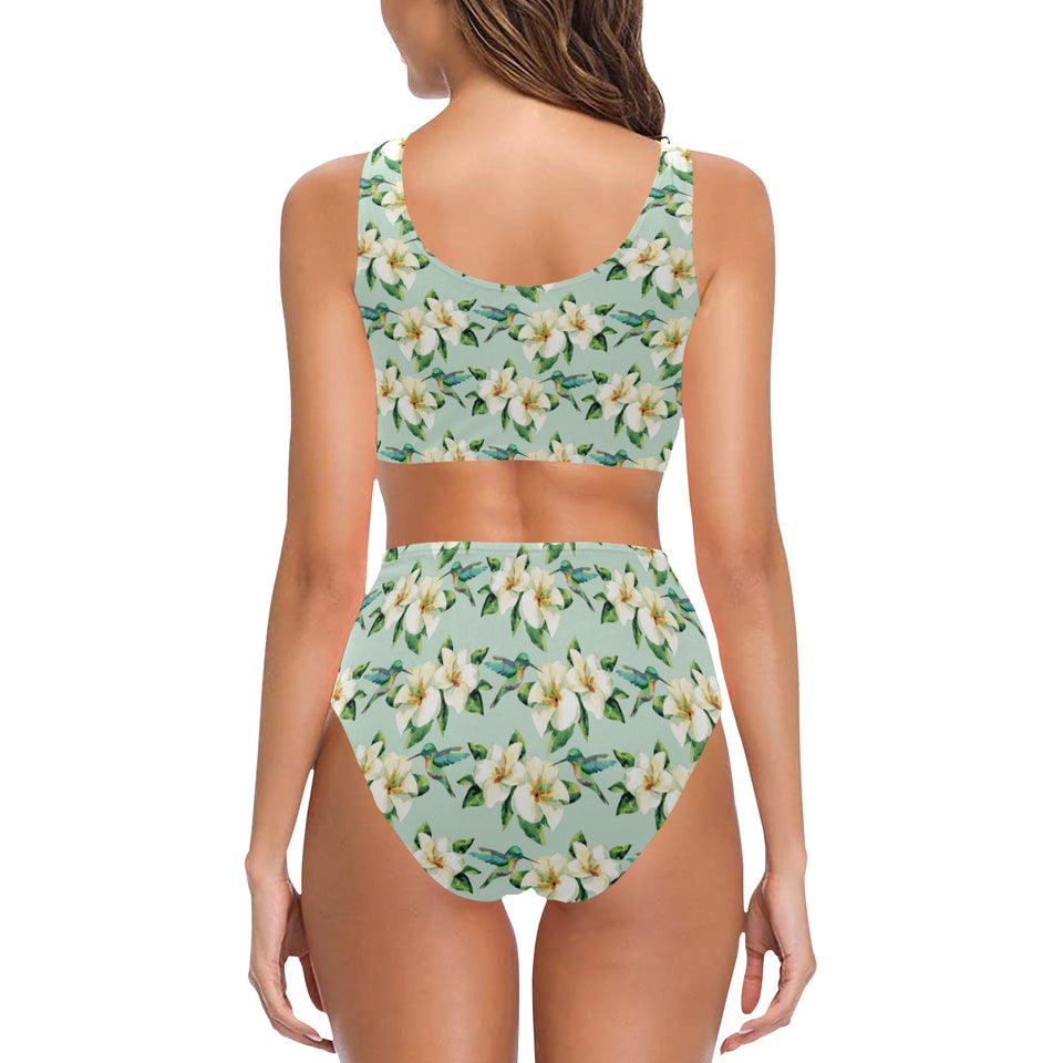 Hummingbird Pattern Print Design 01 Chest Bowknot High Waisted Bikini Swimsuit