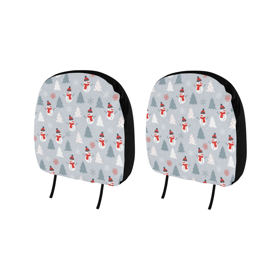 Snowman christmas tree snow gray background Car Headrest Cover