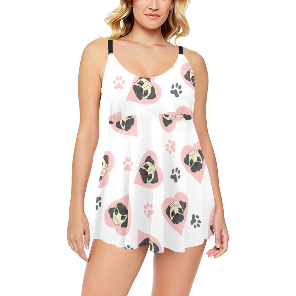 Cute pugs pink heart paw pattern Chest Sexy Pleated Two Piece Swim Dress