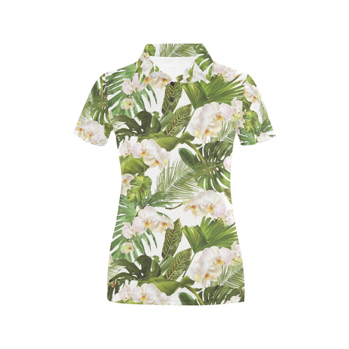 White orchid flower tropical leaves pattern Women's All Over Print Polo Shirt