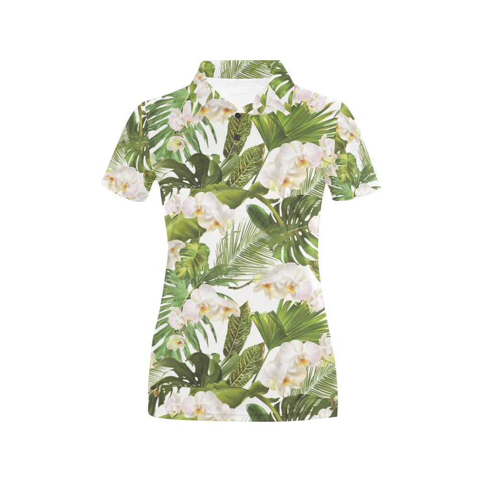 White orchid flower tropical leaves pattern Women's All Over Print Polo Shirt