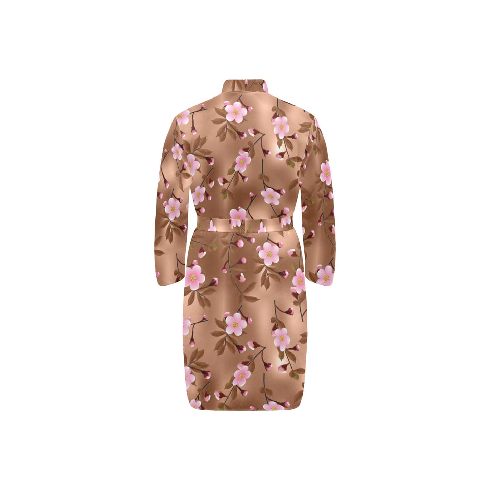 Pink sakura cherry blossom drak brown background Men's Long Sleeve Belted Night Robe