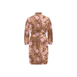Pink sakura cherry blossom drak brown background Men's Long Sleeve Belted Night Robe