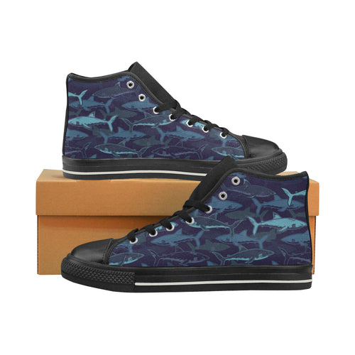 Shark pattern Women's High Top Canvas Shoes Black