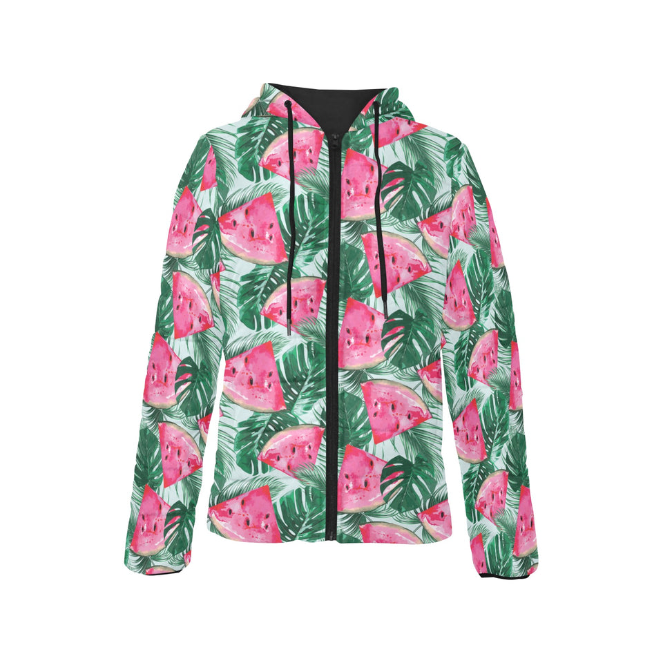 Watermelons tropical palm leaves pattern Women's Padded Hooded Jacket