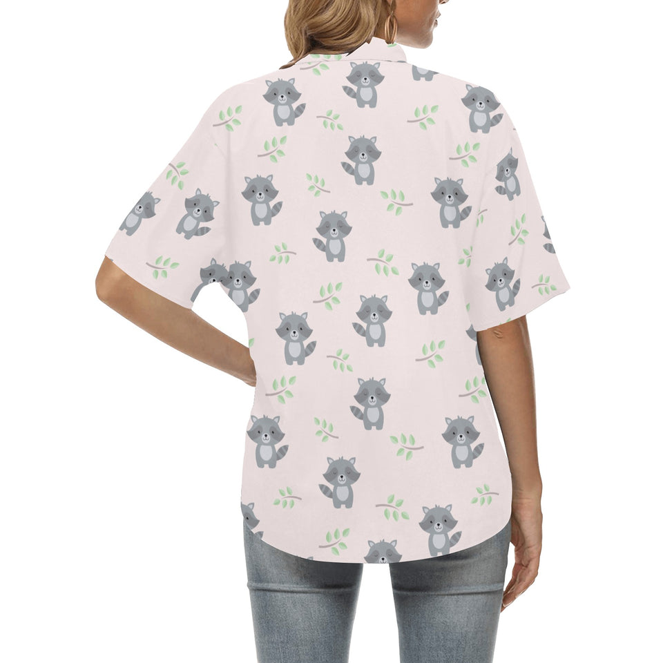 cute raccoons leaves pattern Women's All Over Print Hawaiian Shirt