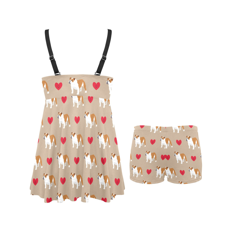 English Bulldog Pattern Print Design 05 Chest Sexy Pleated Two Piece Swim Dress