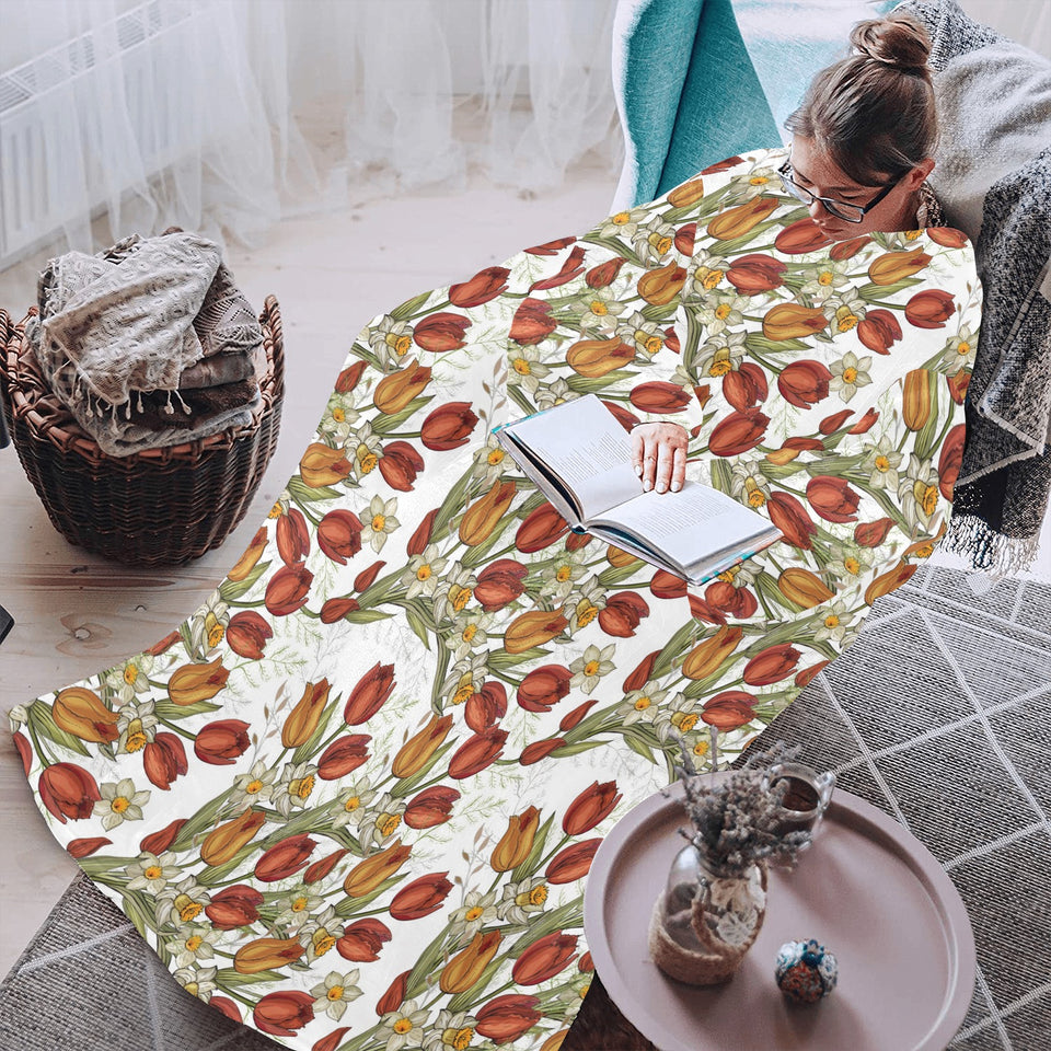 Red tulips and daffodils pattern Blanket Robe with Sleeves