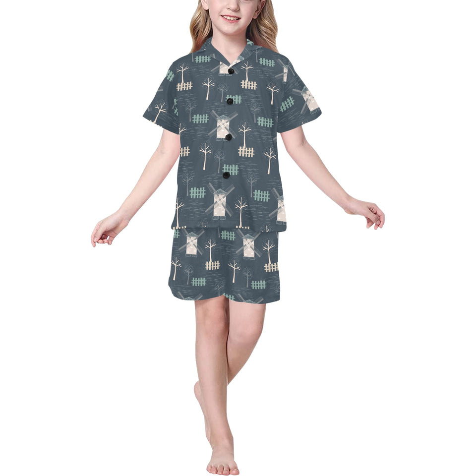 windmill tree pattern Kids' Boys' Girls' V-Neck Short Pajama Set