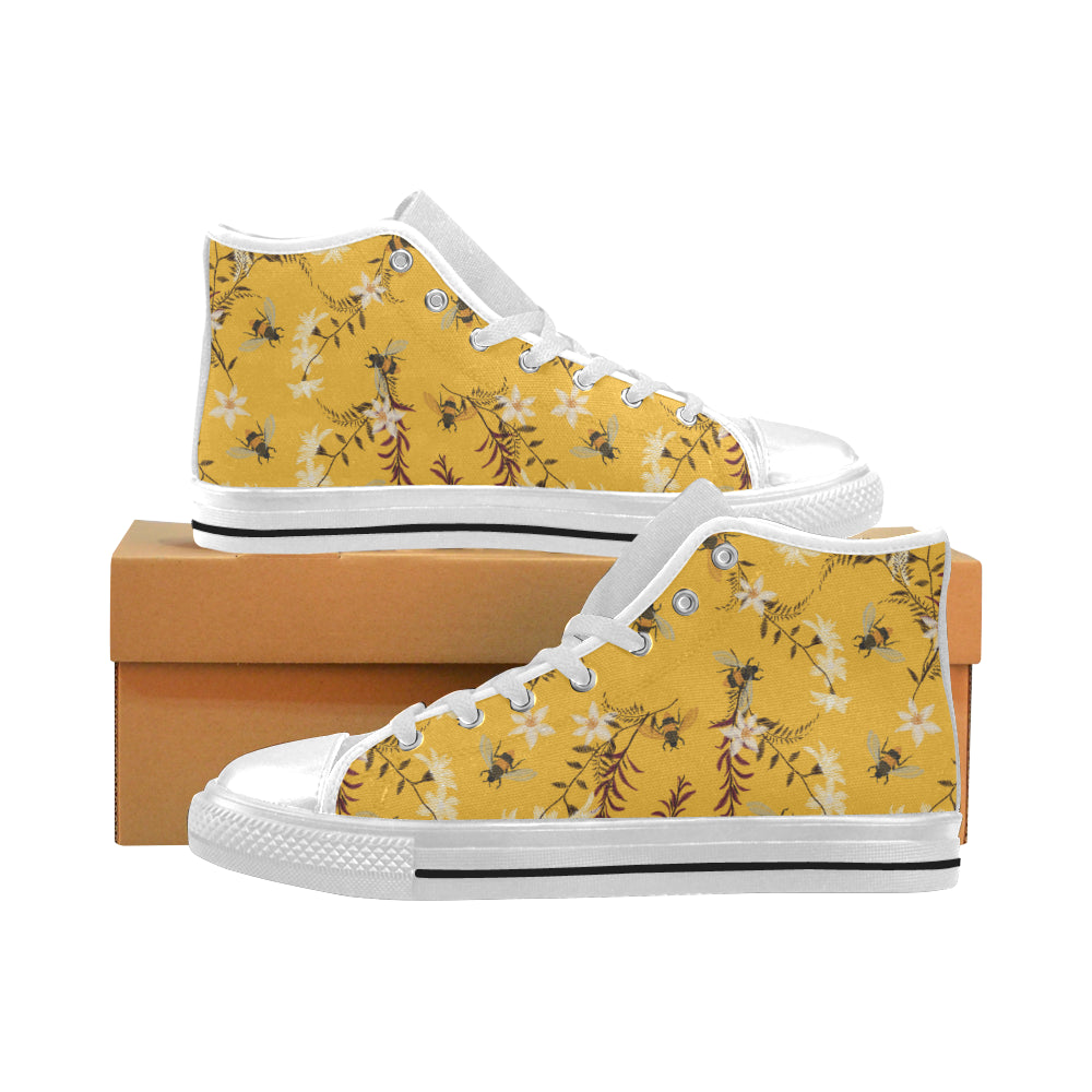 Bee flower pattern Men's High Top Canvas Shoes White