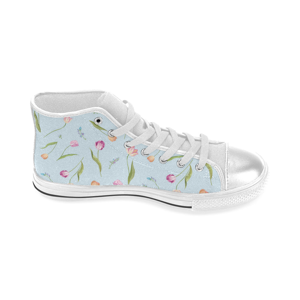 Watercolor Tulips pattern Women's High Top Canvas Shoes White