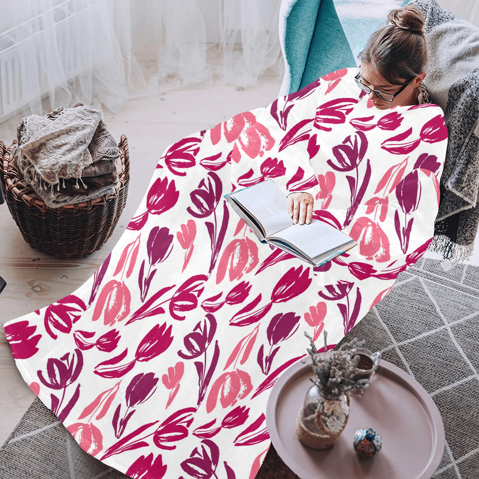 pink sketch tulip pattern Blanket Robe with Sleeves