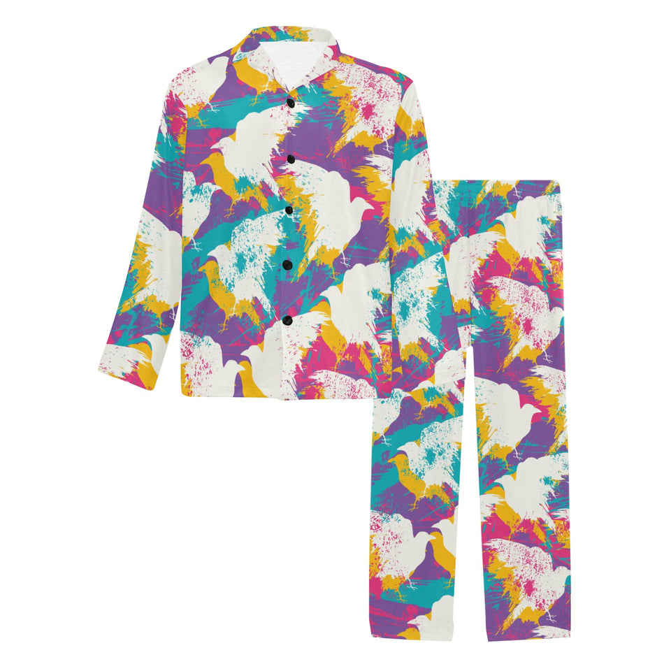 Colorful crow illustration pattern Men's Long Pajama Set
