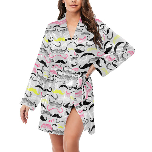 Mustache Beard Pattern Print Design 02 Women's Long Sleeve Belted Night Robe