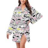 Mustache Beard Pattern Print Design 02 Women's Long Sleeve Belted Night Robe