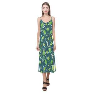 Lime ice flower pattern V-Neck Open Fork Long Dress