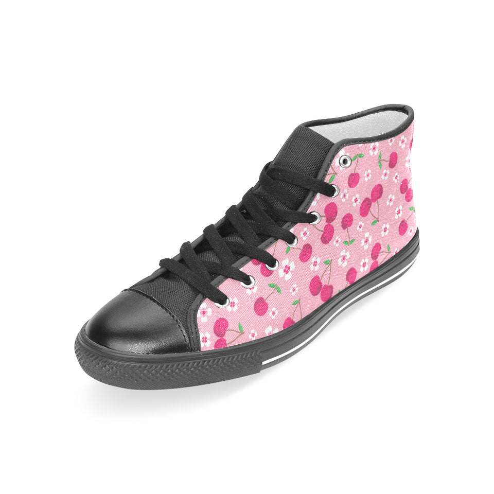 cherry flower pattern pink background Women's High Top Canvas Shoes Black