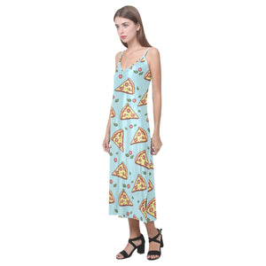 Hand drawn pizza blue background V-Neck Open Fork Long Dress