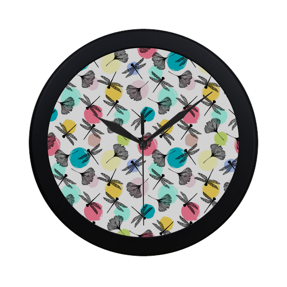 Dragonflies ginkgo leaves pattern Elegant Black Wall Clock