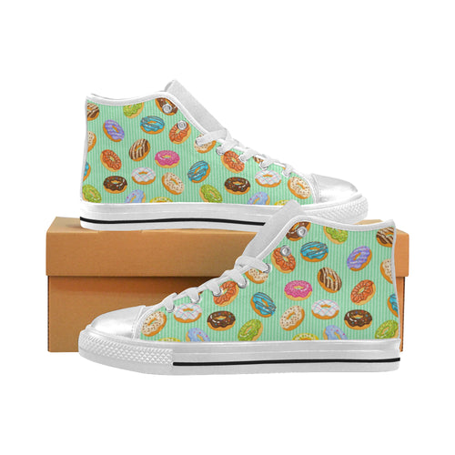 Colorful donut pattern green background Women's High Top Canvas Shoes White