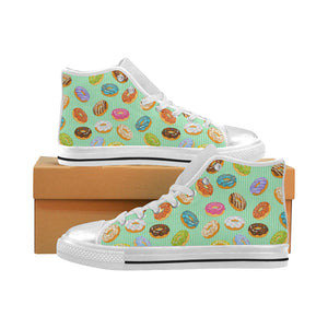 Colorful donut pattern green background Women's High Top Canvas Shoes White