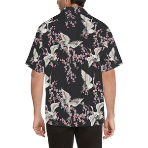 Japanese crane pink sakura pattern Men's All Over Print Hawaiian Shirt