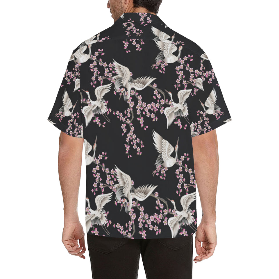 Japanese crane pink sakura pattern Men's All Over Print Hawaiian Shirt