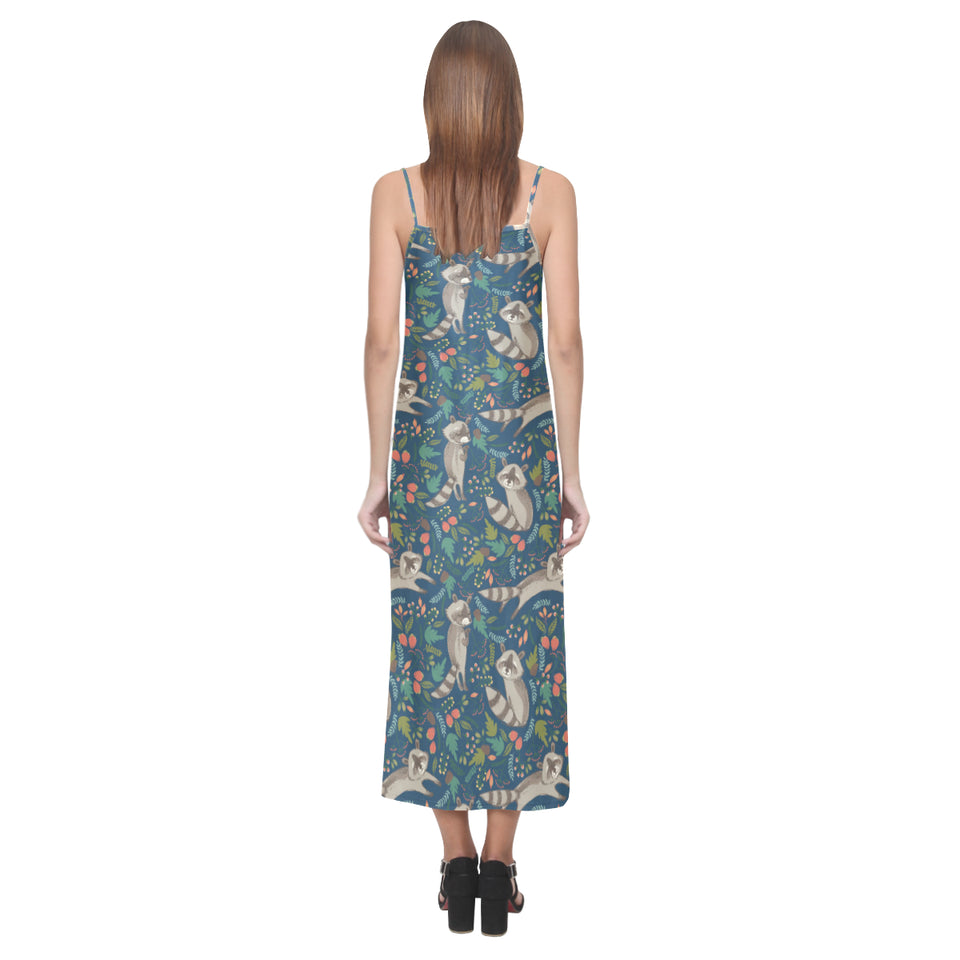 Raccoon tropical leaves pattern V-Neck Open Fork Long Dress