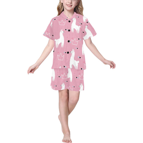 Llama Alpaca pink background Kids' Boys' Girls' V-Neck Short Pajama Set