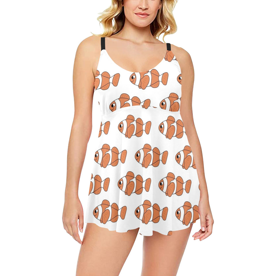 Clown Fish Pattern Print Design 05 Chest Sexy Pleated Two Piece Swim Dress