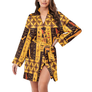Egypt Hieroglyphics Pattern Print Design 05 Women's Long Sleeve Belted Night Robe
