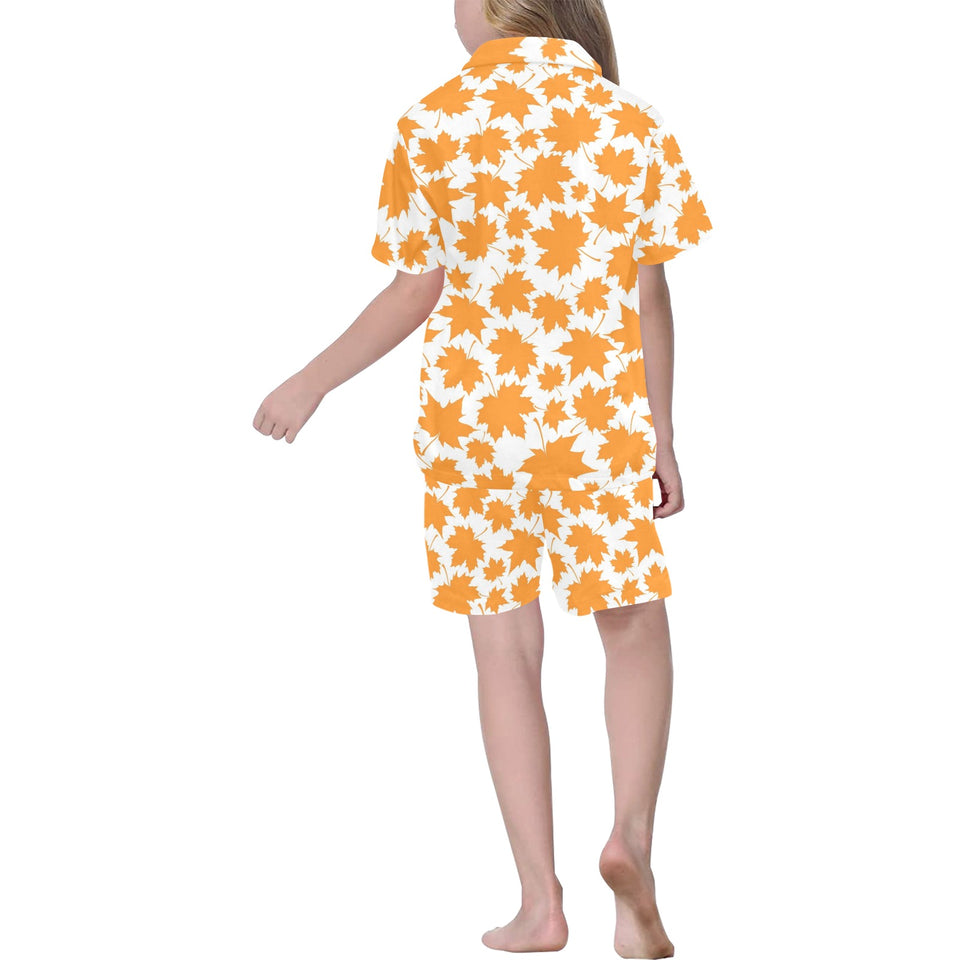 Orange Maple Leaf pattern Kids' Boys' Girls' V-Neck Short Pajama Set