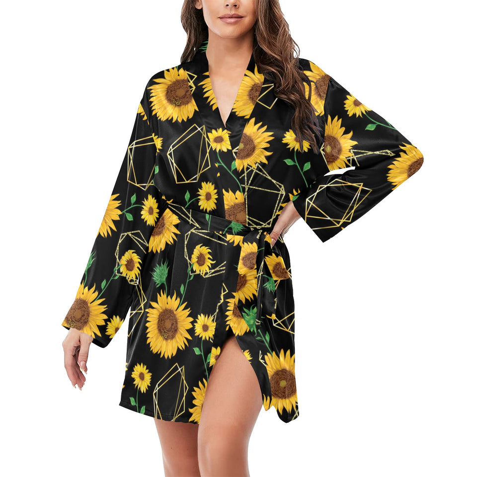 sunflower golden polygonal shapes Women's Long Sleeve Belted Night Robe