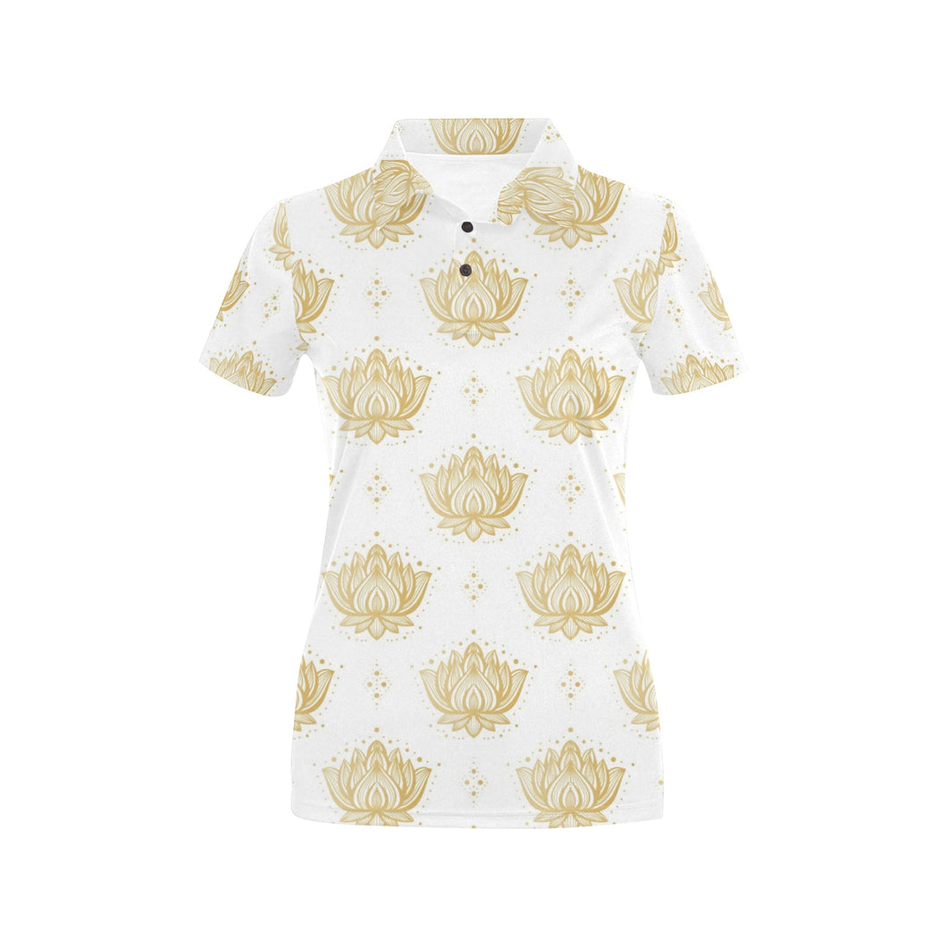 Gold Ornamental lotue waterlily symbol pattern Women's All Over Print Polo Shirt