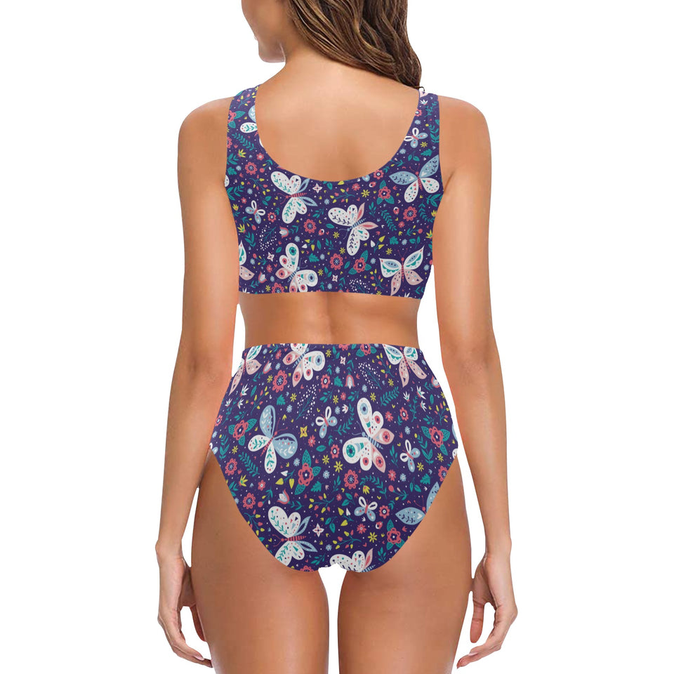 Colorful butterfly flower pattern.eps Chest Bowknot High Waisted Bikini Swimsuit