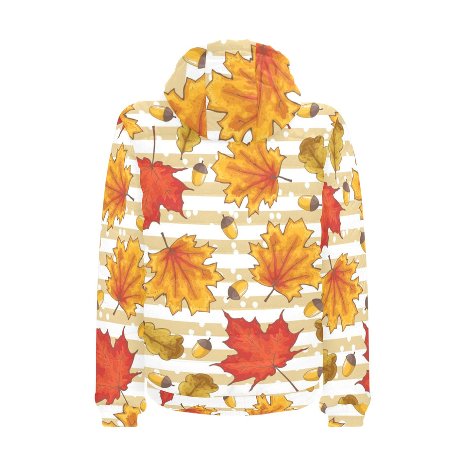 Maple leaf oak leaf acorns beige striped backgroun Men's Padded Hooded Jacket