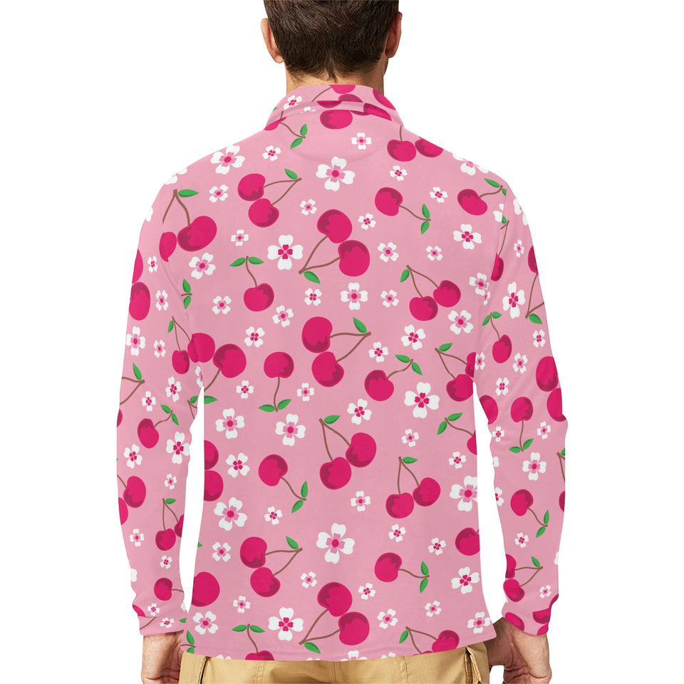 cherry flower pattern pink background Men's Long Sleeve Polo Shirt