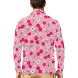 cherry flower pattern pink background Men's Long Sleeve Polo Shirt